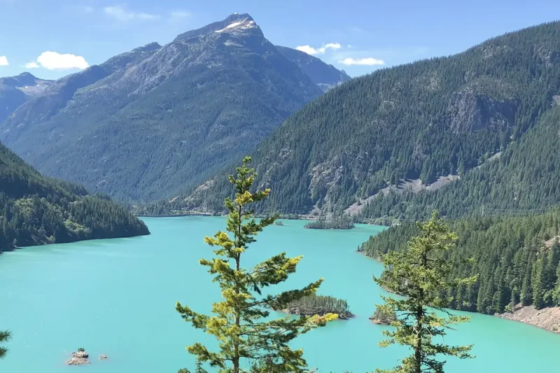 Looking down on Diablo Lake on a sunny day